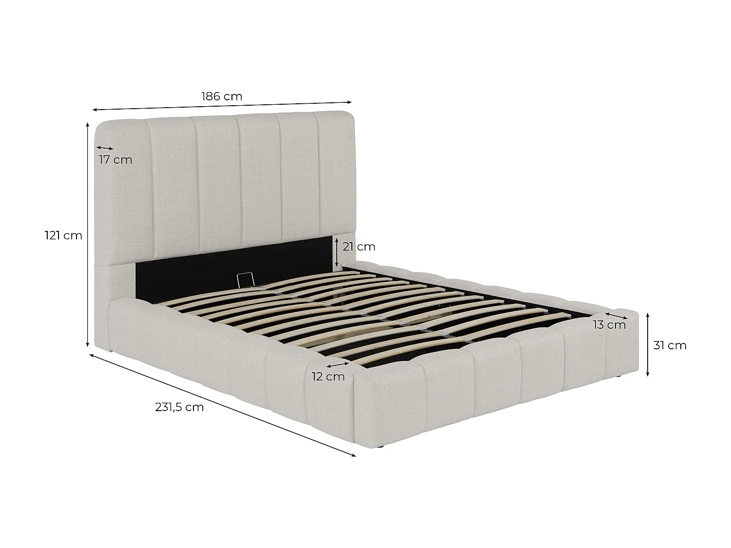 Cadre de lit BULLE rembourré avec coffre en tissu blanc cassé - couchage 160x200cm