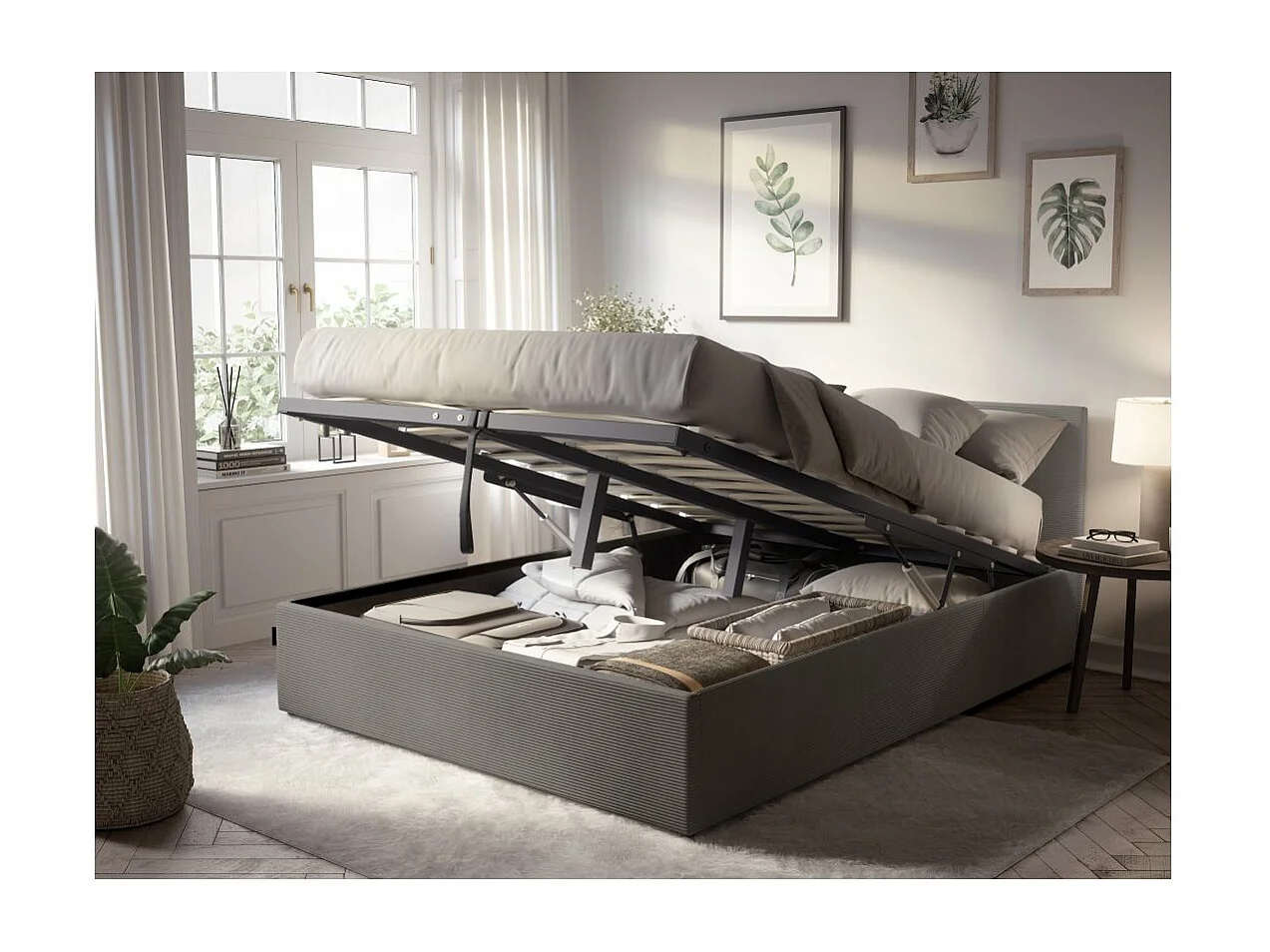 Cadre de lit EDGAR avec coffre de rangement et tête de lit en velours côtelé gris - couchage 160x200cm