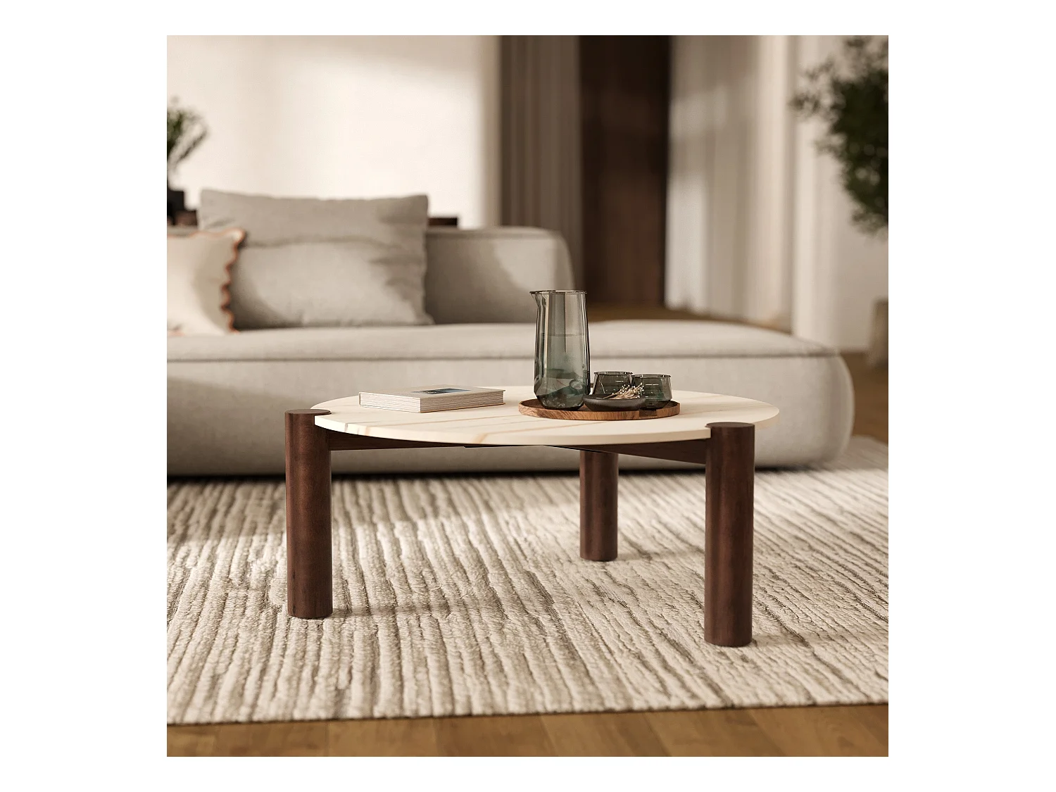 Tavolino rotondo in marmo e legno di mango D86 cm - Pauline