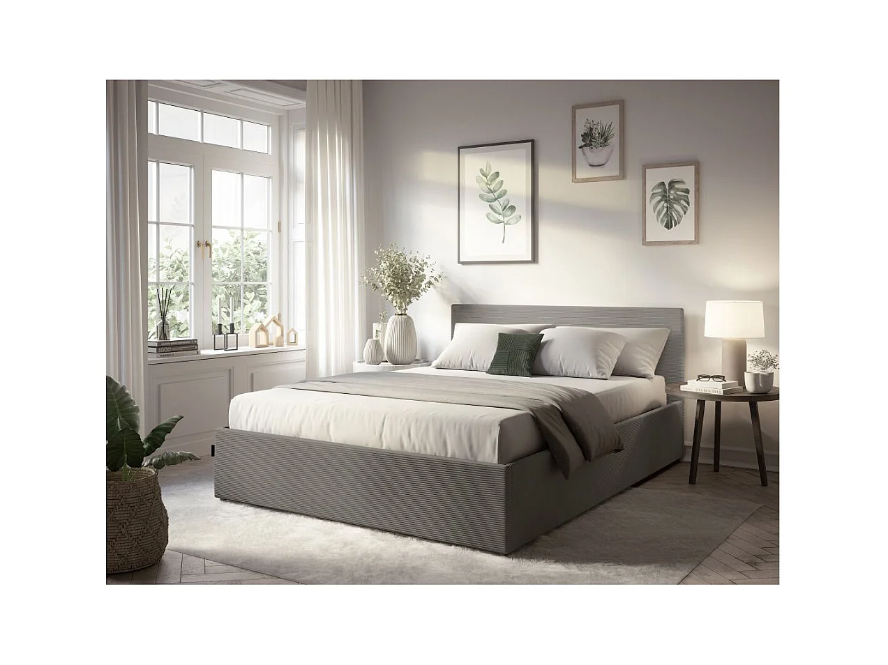 Cadre de lit EDGAR avec coffre de rangement et tête de lit en velours côtelé gris - couchage 180x200cm