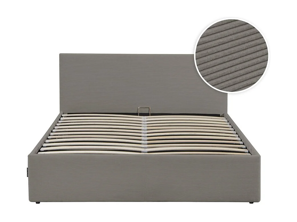 Cadre de lit EDGAR avec coffre de rangement et tête de lit en velours côtelé gris - couchage 180x200cm