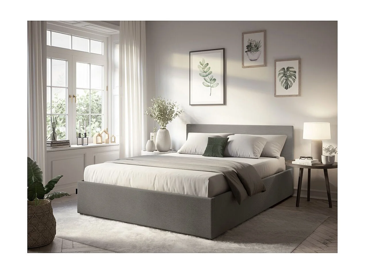 Cadre de lit EDGAR avec coffre de rangement et tête de lit en velours côtelé gris - couchage 180x200cm