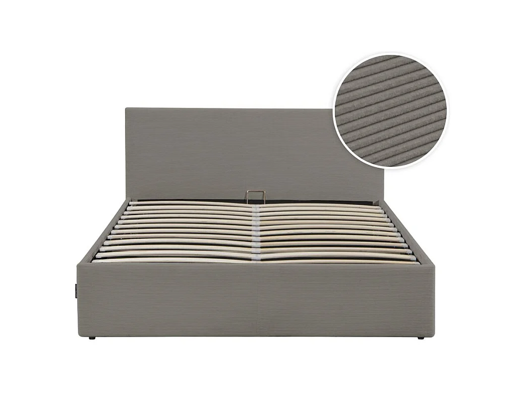 Cadre de lit EDGAR avec coffre de rangement et tête de lit en velours côtelé gris - couchage 140x190cm