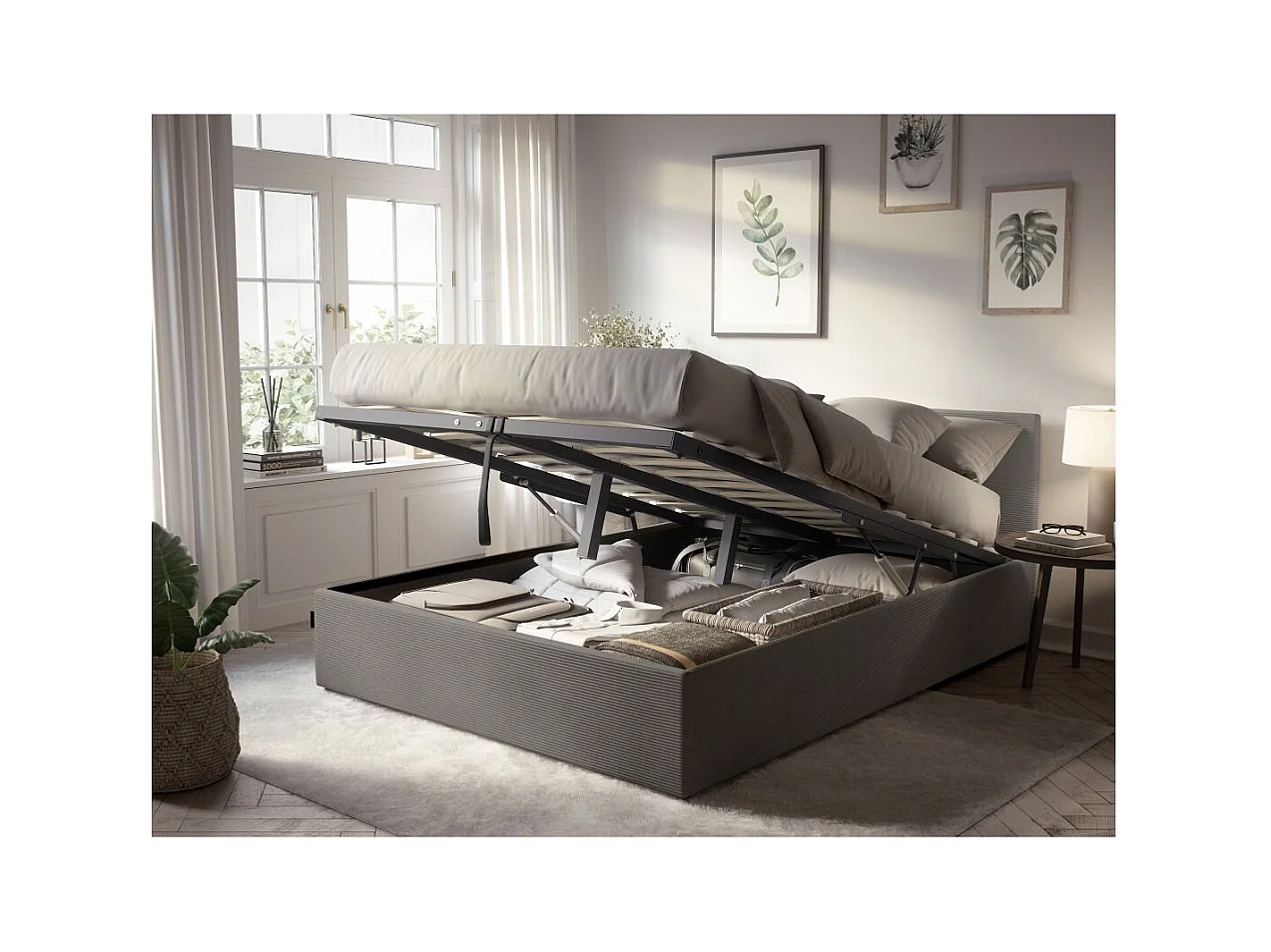 Cadre de lit EDGAR avec coffre de rangement et tête de lit en velours côtelé gris - couchage 140x190cm