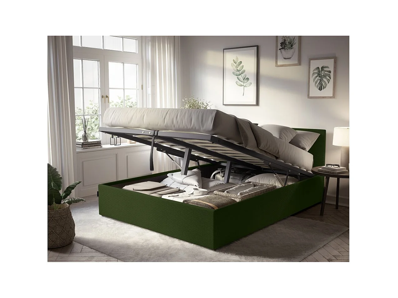 Cadre de lit EDGAR avec coffre de rangement et tête de lit en velours côtelé vert - couchage 180x200cm