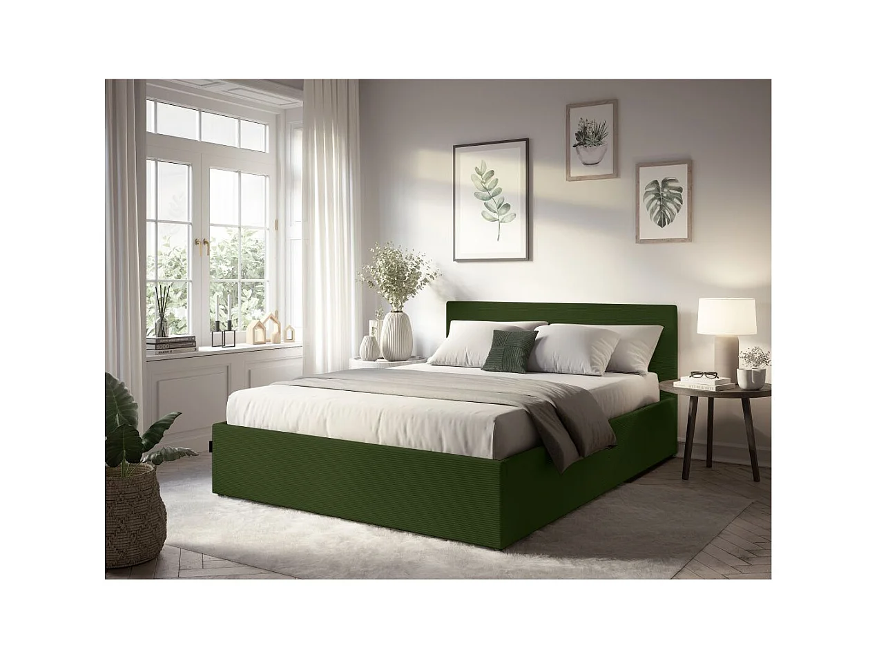 Cadre de lit EDGAR avec coffre de rangement et tête de lit en velours côtelé vert - couchage 180x200cm