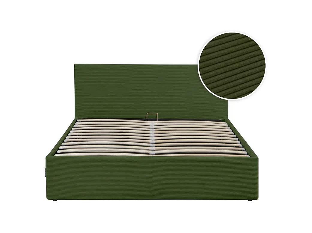 Cadre de lit EDGAR avec coffre de rangement et tête de lit en velours côtelé vert - couchage 160x200cm