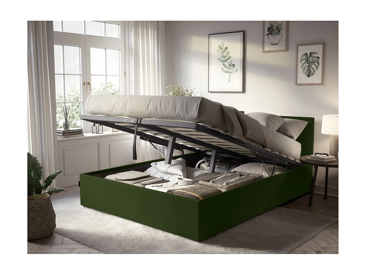 Cadre de lit EDGAR avec coffre de rangement et tête de lit en velours côtelé vert - couchage 160x200cm