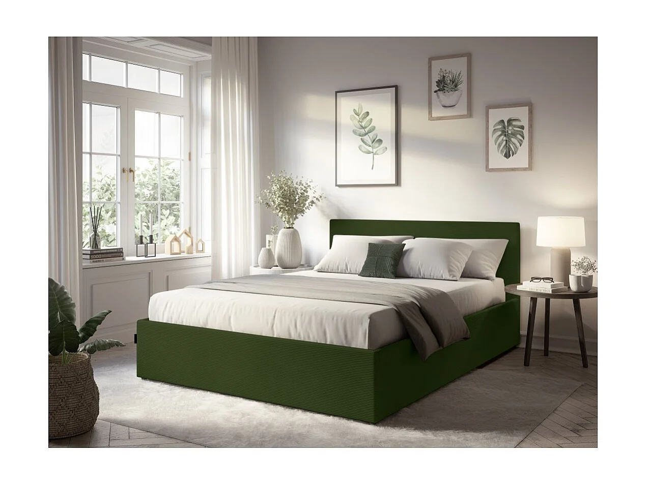 Cadre de lit EDGAR avec coffre de rangement et tête de lit en velours côtelé vert - couchage 160x200cm