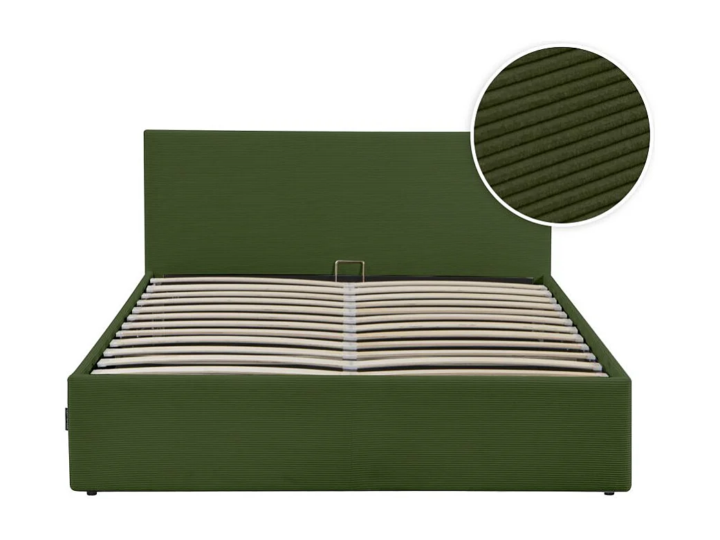 Cadre de lit EDGAR avec coffre de rangement et tête de lit en velours côtelé vert - couchage 160x200cm
