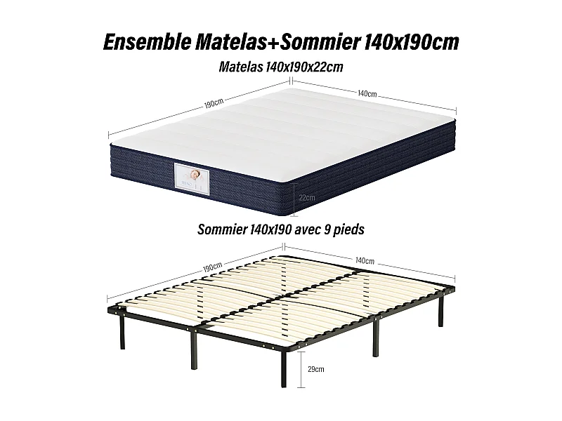 Ensemble Matelas à ressorts +Sommier à Lattes sur Pieds, 140x190cm, Epaisseur du Matelas 22cm