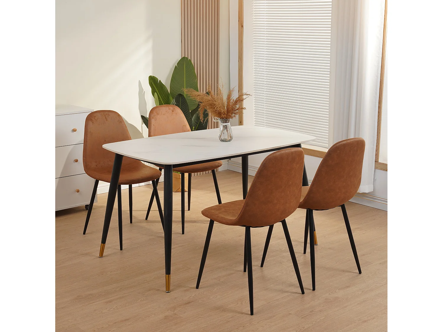 Lot de 4 chaises de salle à manger, Avec pieds en métal, marron