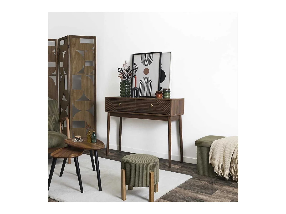 Console 2 tiroirs en bois et MDF pieds en pin teinté chêne foncé - COLETTE