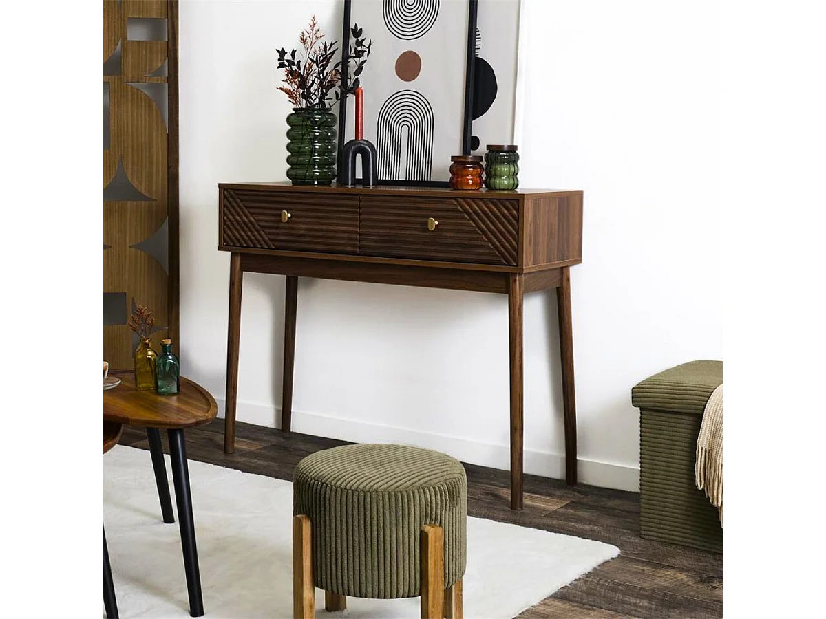 Console 2 tiroirs en bois et MDF pieds en pin teinté chêne foncé - COLETTE