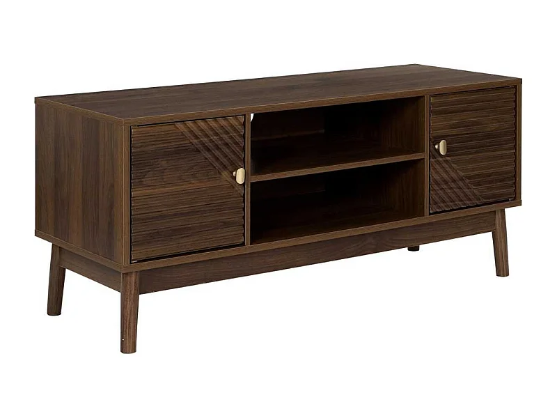 Meuble TV 2 portes 2 niches en bois et MDF pieds en pin teinté chêne foncé - COLETTE