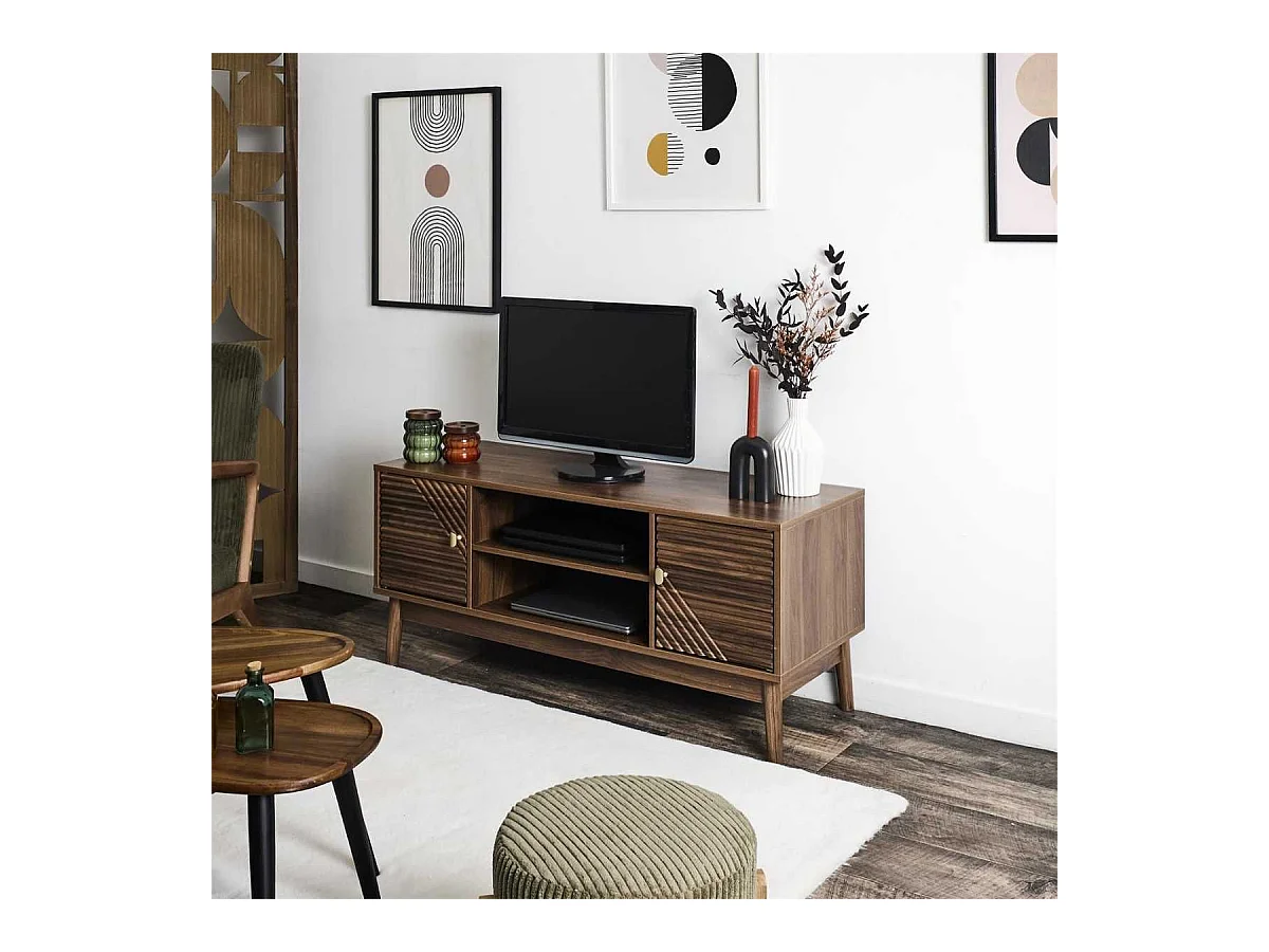 Meuble TV 2 portes 2 niches en bois et MDF pieds en pin teinté chêne foncé - COLETTE
