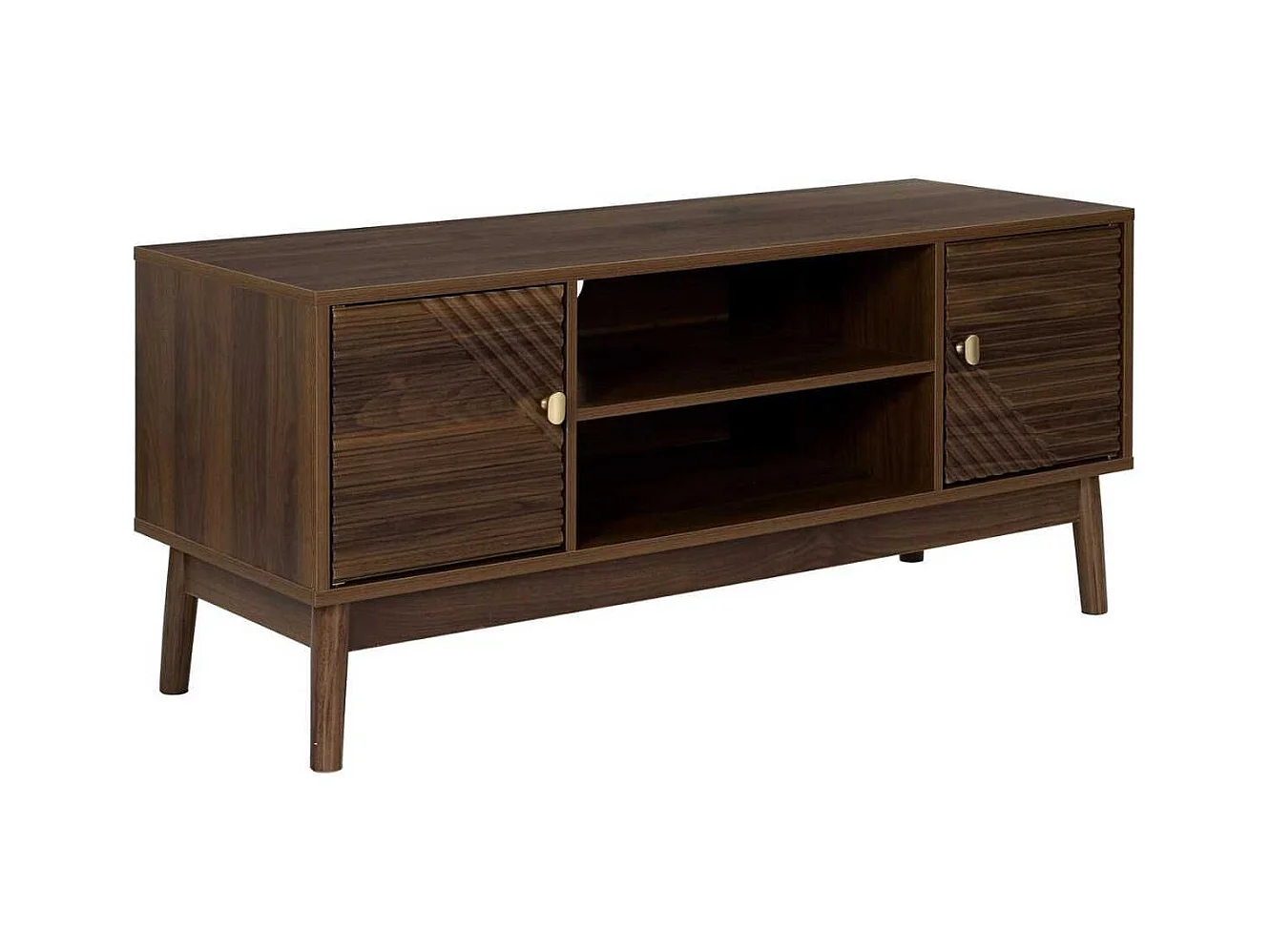 Meuble TV 2 portes 2 niches en bois et MDF pieds en pin teinté chêne foncé - COLETTE