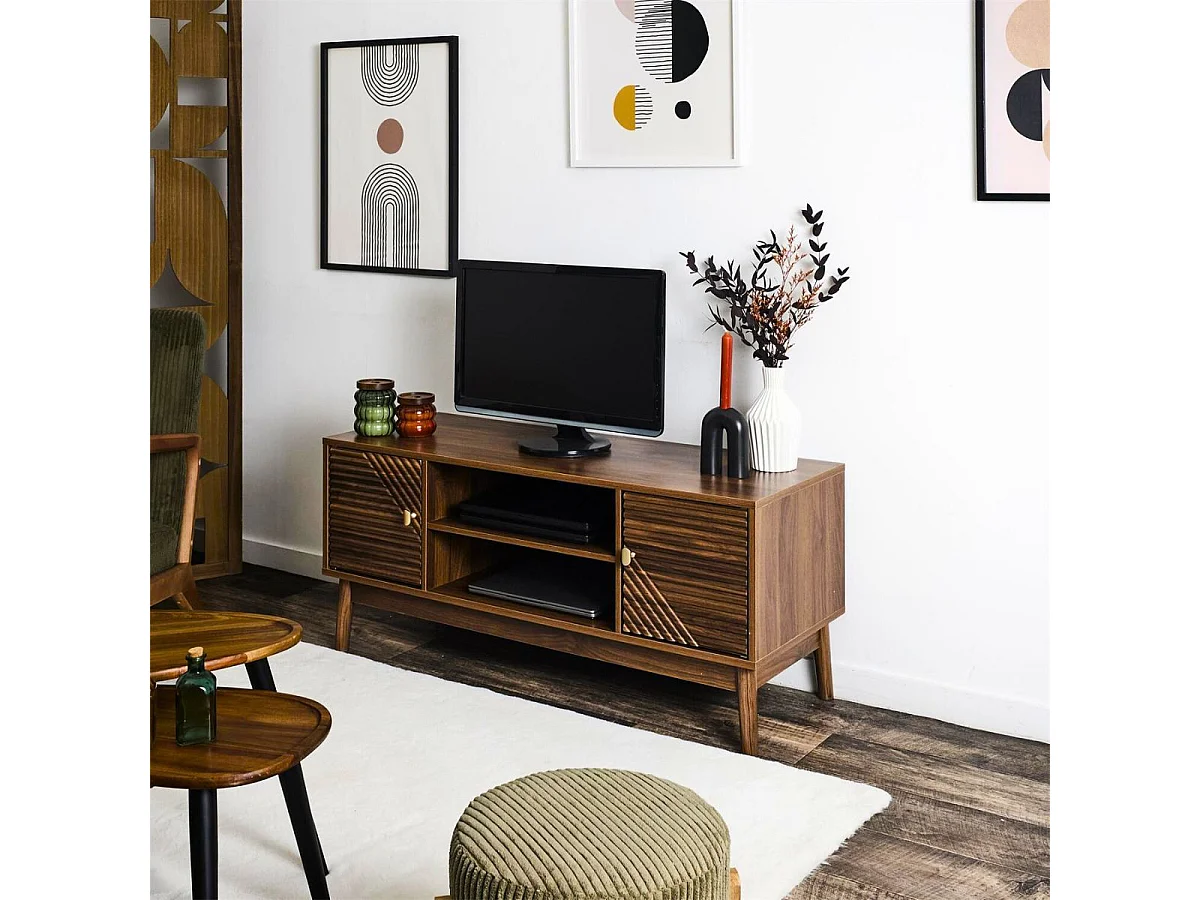 Meuble TV 2 portes 2 niches en bois et MDF pieds en pin teinté chêne foncé - COLETTE
