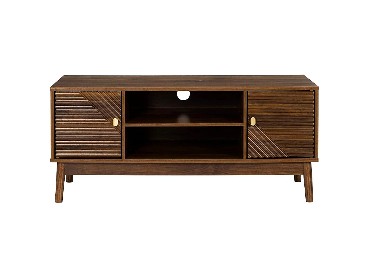 Meuble TV 2 portes 2 niches en bois et MDF pieds en pin teinté chêne foncé - COLETTE
