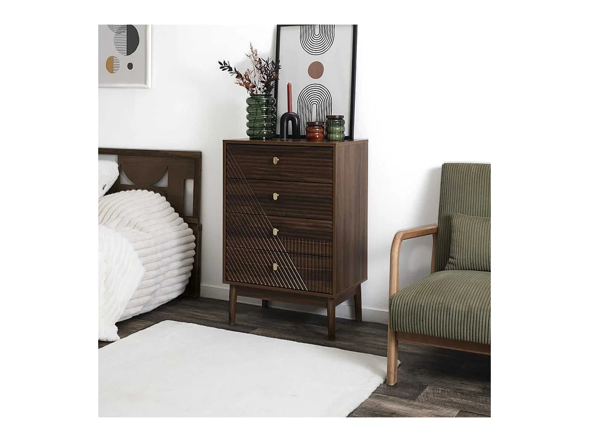 Commode 4 tiroirs en bois et MDF pieds en pin teinté chêne foncé - COLETTE