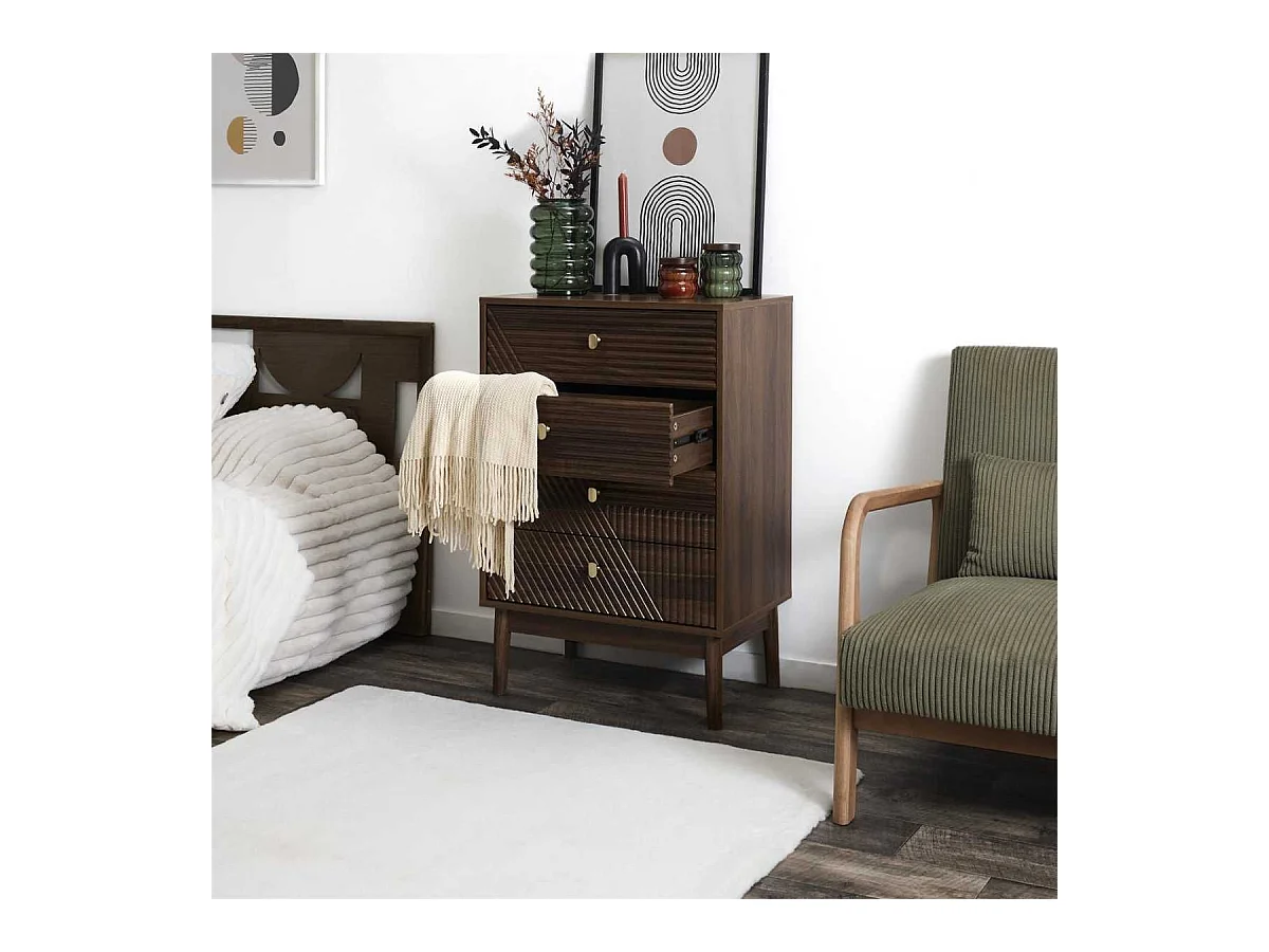 Commode 4 tiroirs en bois et MDF pieds en pin teinté chêne foncé - COLETTE