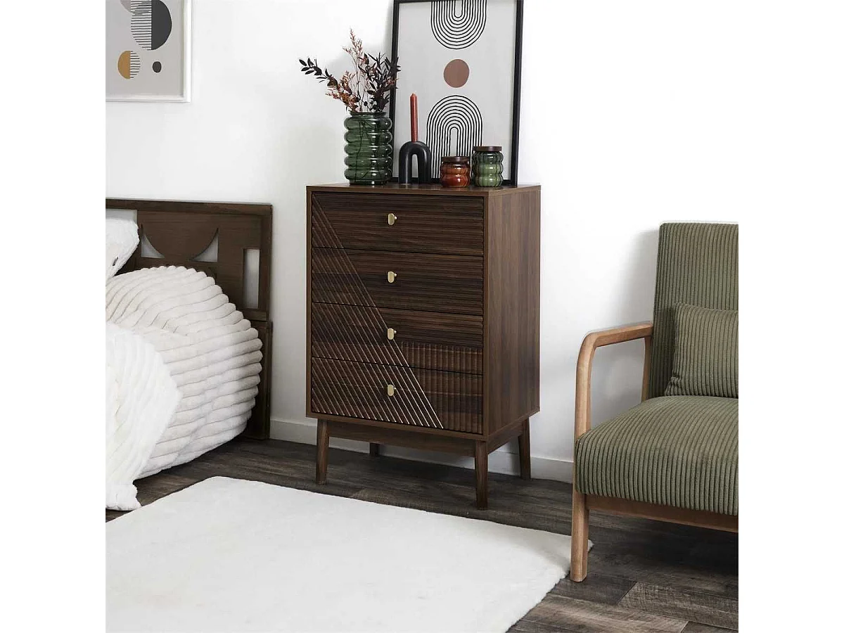 Commode 4 tiroirs en bois et MDF pieds en pin teinté chêne foncé - COLETTE