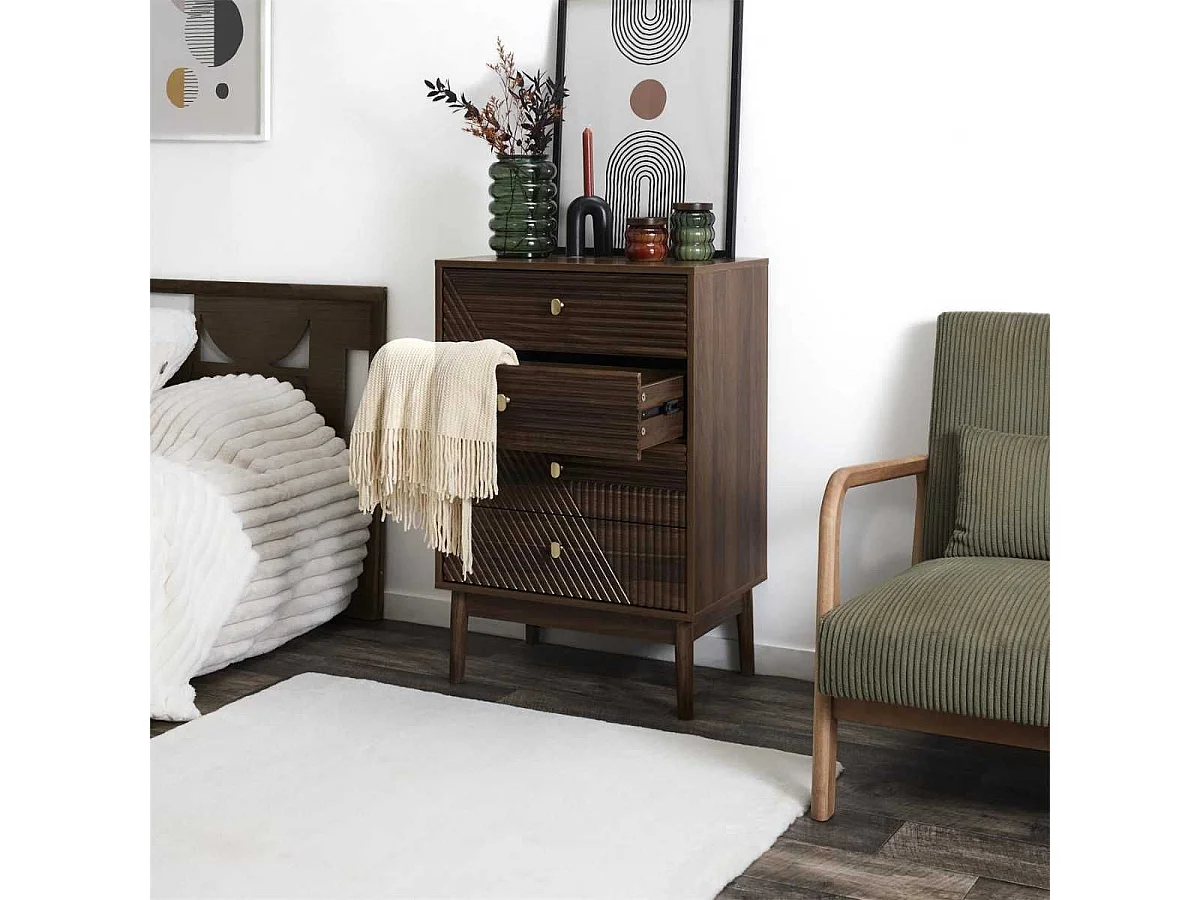 Commode 4 tiroirs en bois et MDF pieds en pin teinté chêne foncé - COLETTE