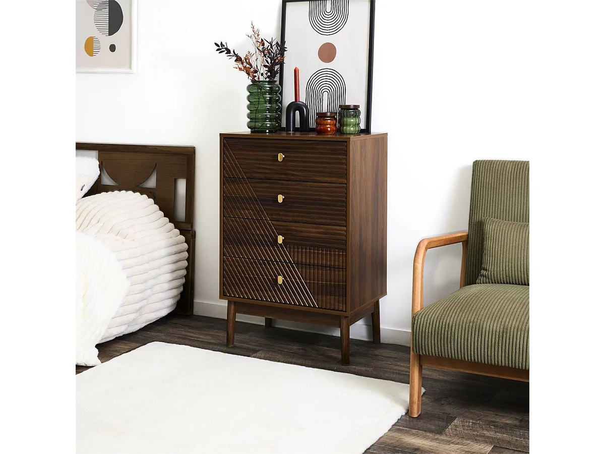 Commode 4 tiroirs en bois et MDF pieds en pin teinté chêne foncé - COLETTE