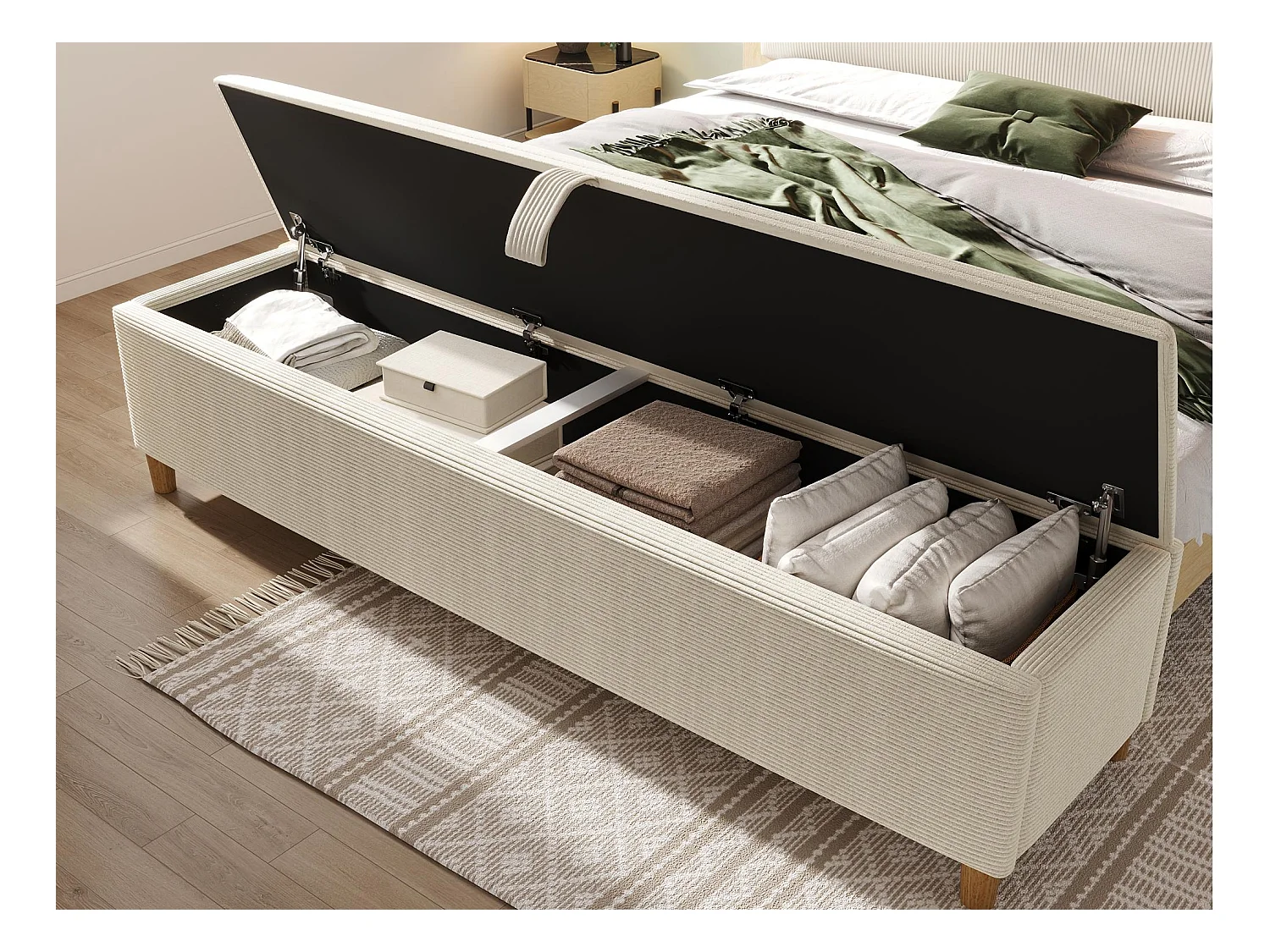 Banc coffre rembourré 175x38x46cm - velours côtelé - Beige
