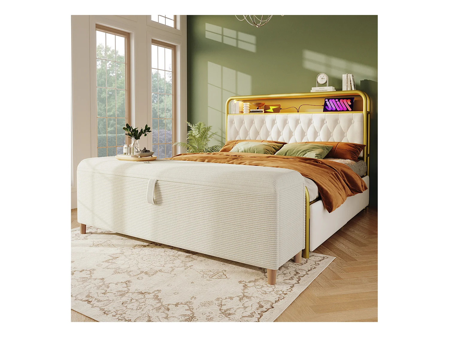 Banc coffre rembourré 175x38x46cm - velours côtelé - Beige
