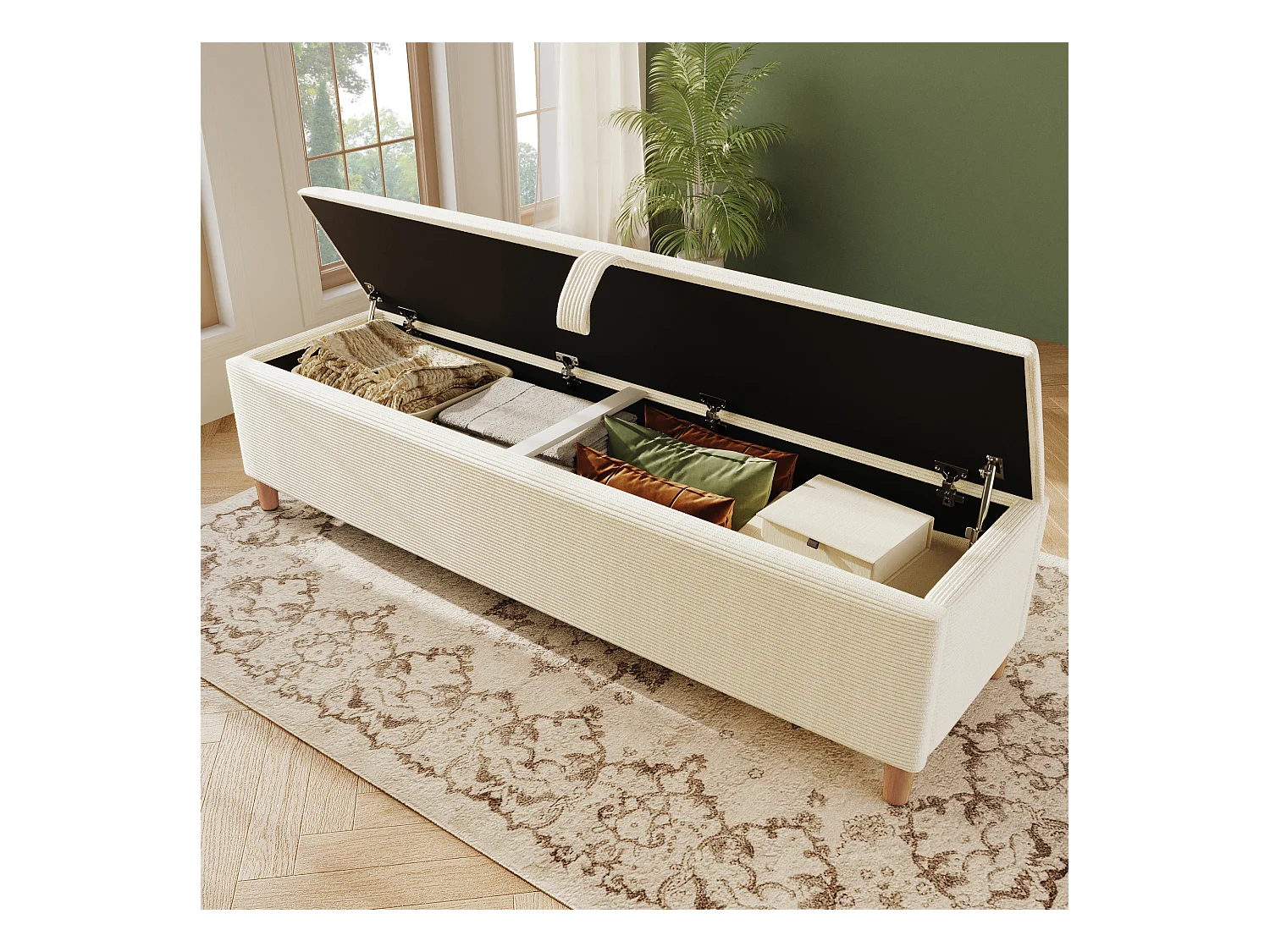 Banc coffre rembourré 175x38x46cm - velours côtelé - Beige