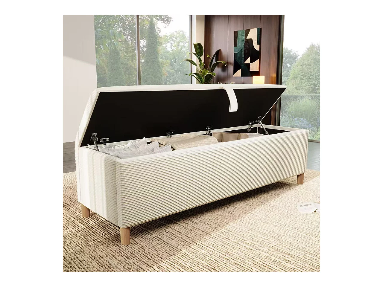Banc coffre rembourré 175x38x46cm - velours côtelé - Beige