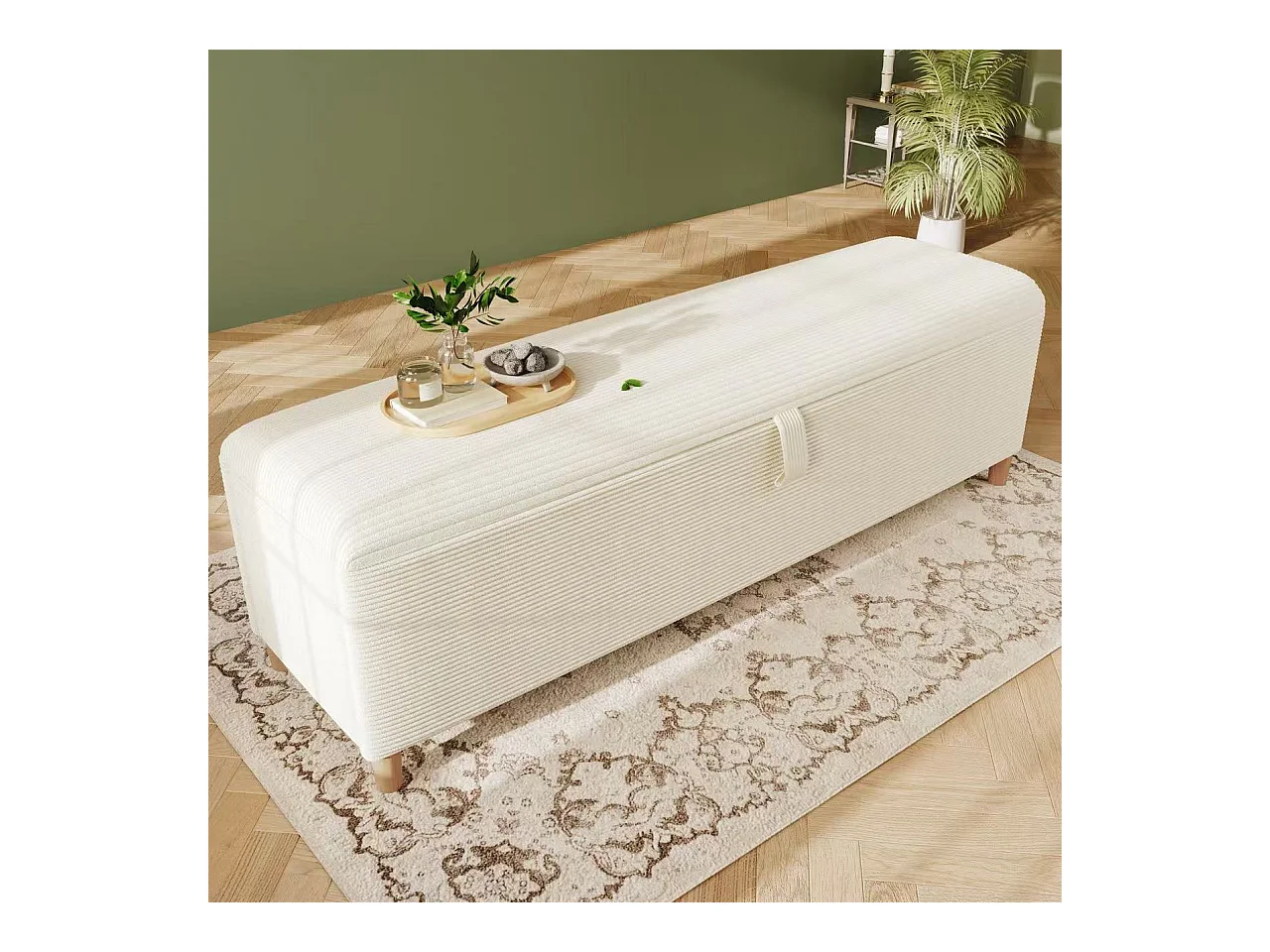 Banc coffre rembourré 175x38x46cm - velours côtelé - Beige