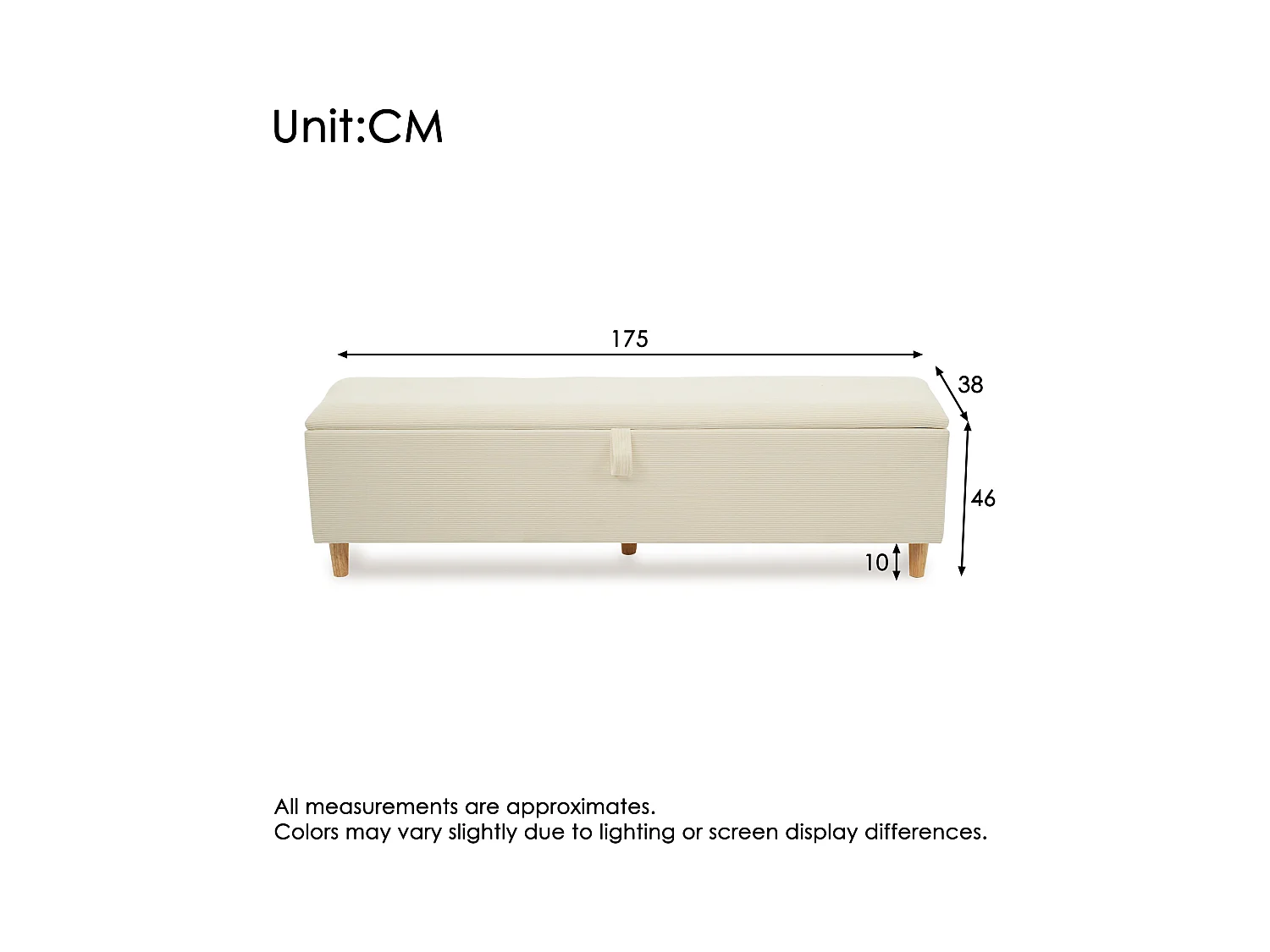 Banc coffre rembourré 175x38x46cm - velours côtelé - Beige