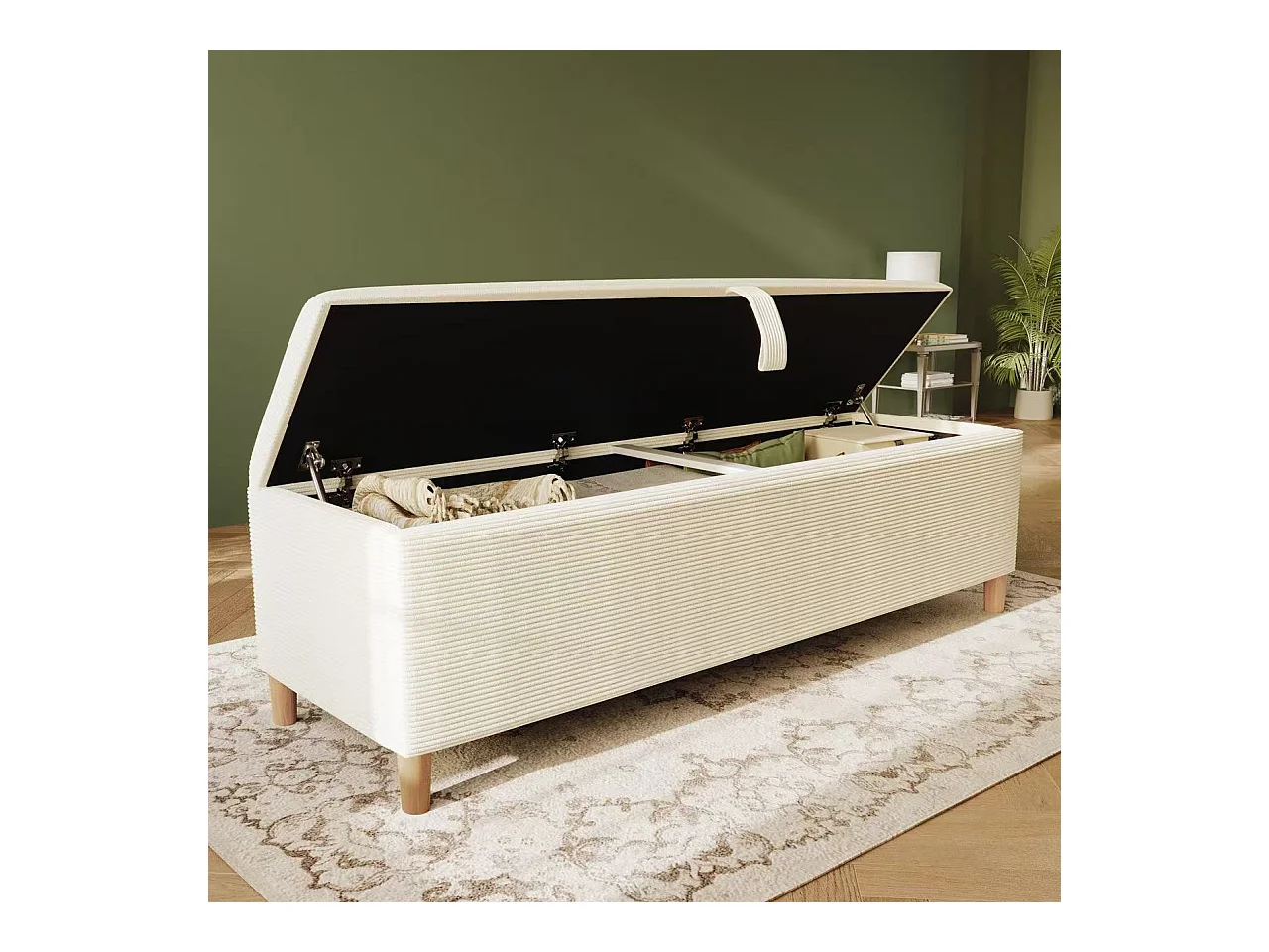 Banc coffre rembourré 175x38x46cm - velours côtelé - Beige