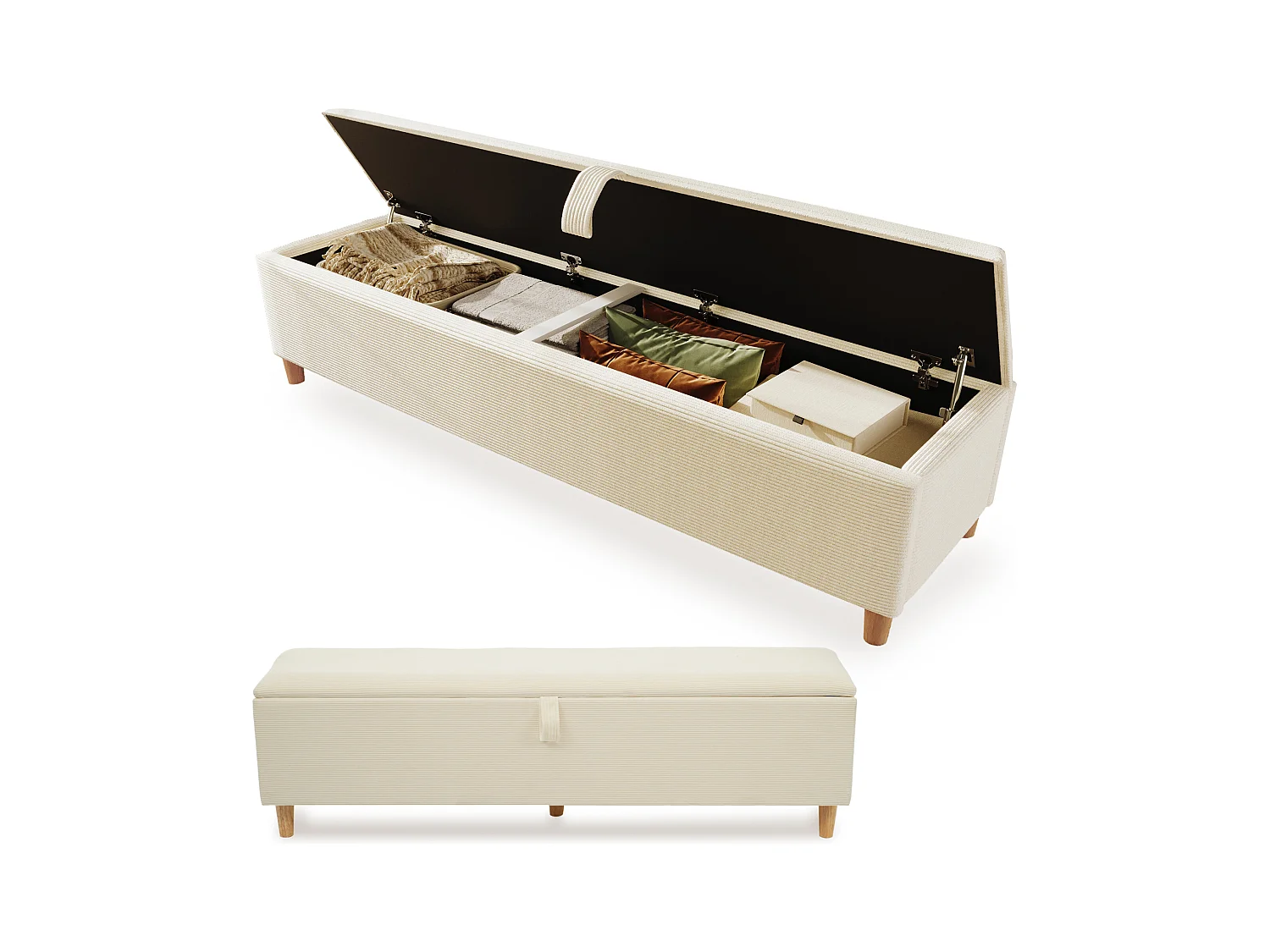 Banc coffre rembourré 175x38x46cm - velours côtelé - Beige