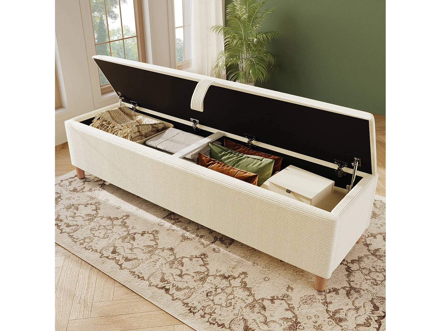 Banc coffre rembourré 175x38x46cm - velours côtelé - Beige