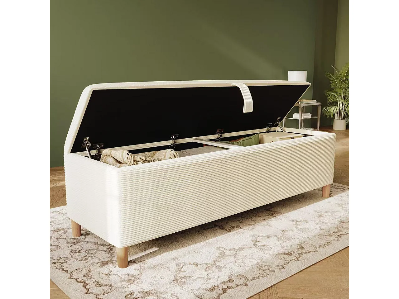 Banc coffre rembourré 175x38x46cm - velours côtelé - Beige