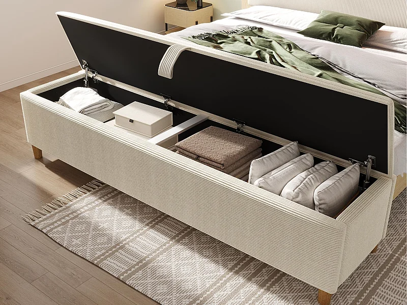 Banc coffre rembourré 175x38x46cm - velours côtelé - Beige