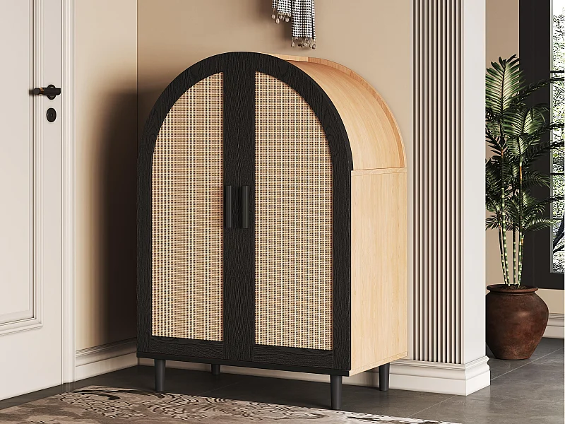 Schuhschrank 70×40×100 cm - gewölbte Front - 2 Rattan-Türen - 3 Regalböden - natur + schwarz
