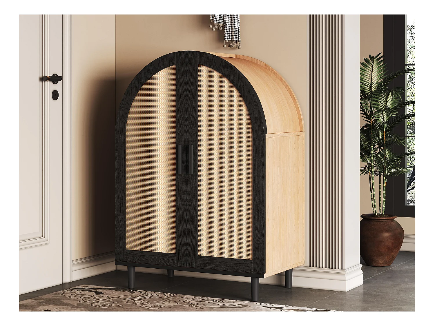 Meuble à chaussures 70x40x100 cm - Extérieur incurvé - 2 portes en rotin - 3 étagères - Naturel + Noir