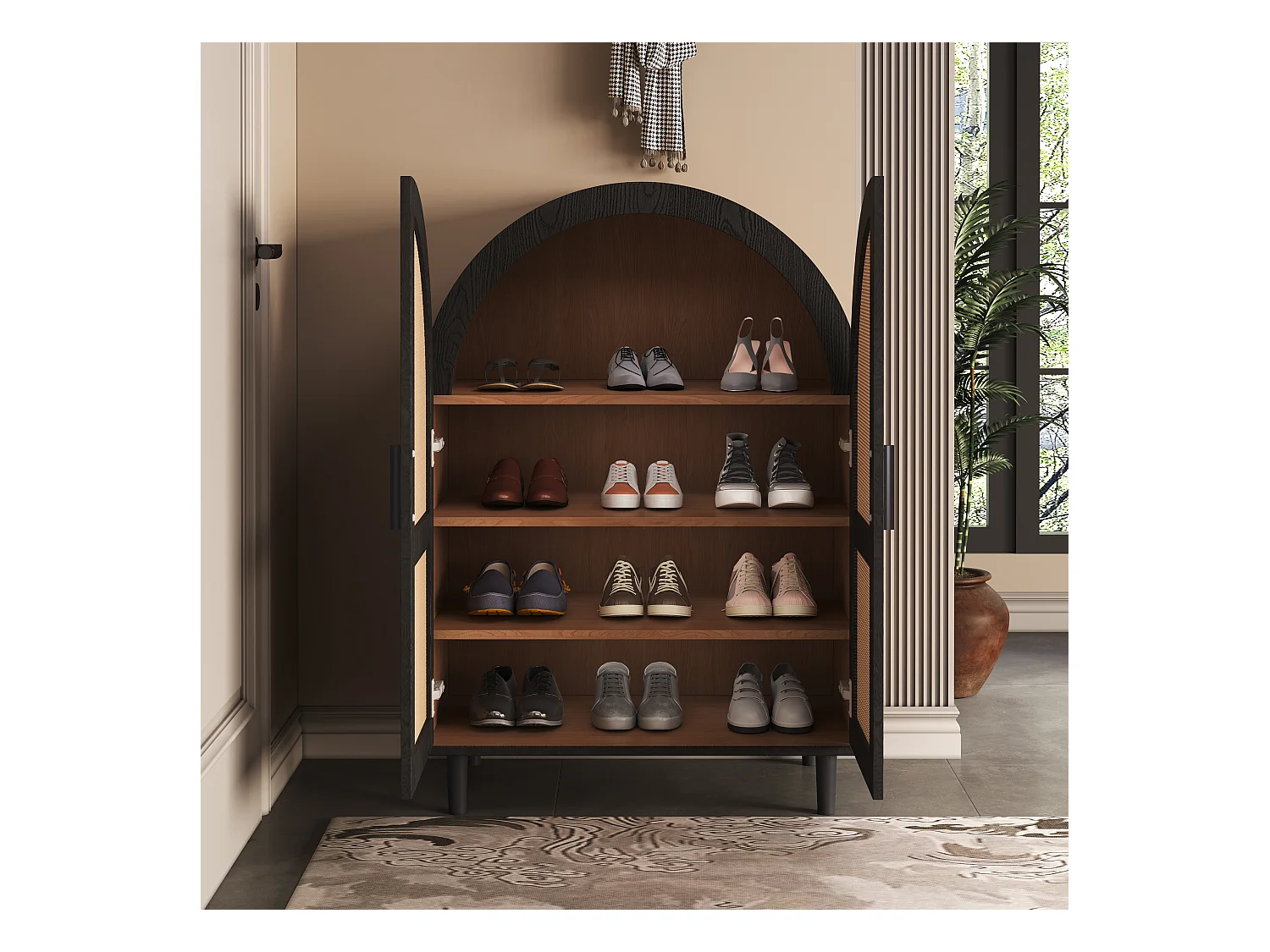 Meuble à chaussures 70x40x100 cm - Extérieur incurvé - 2 portes en rotin - 3 étagères - Naturel + Noir