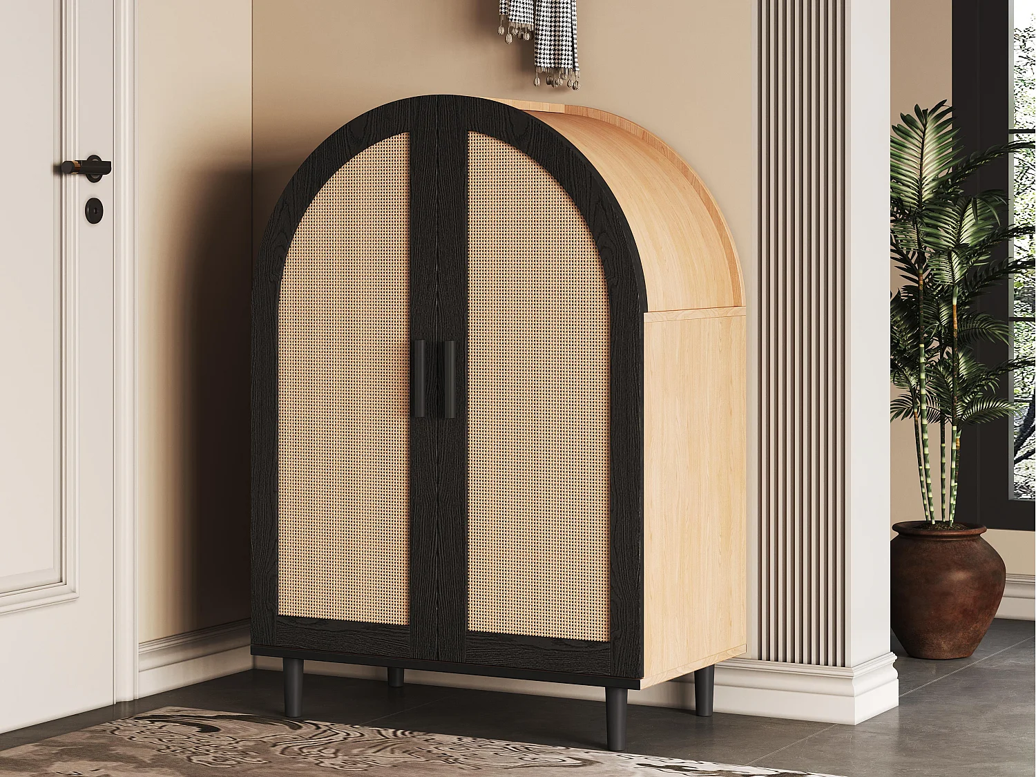 Mobile per scarpe 70×40×100 cm - linea curva - 2 ante in rattan - 3 ripiani - naturale + nero