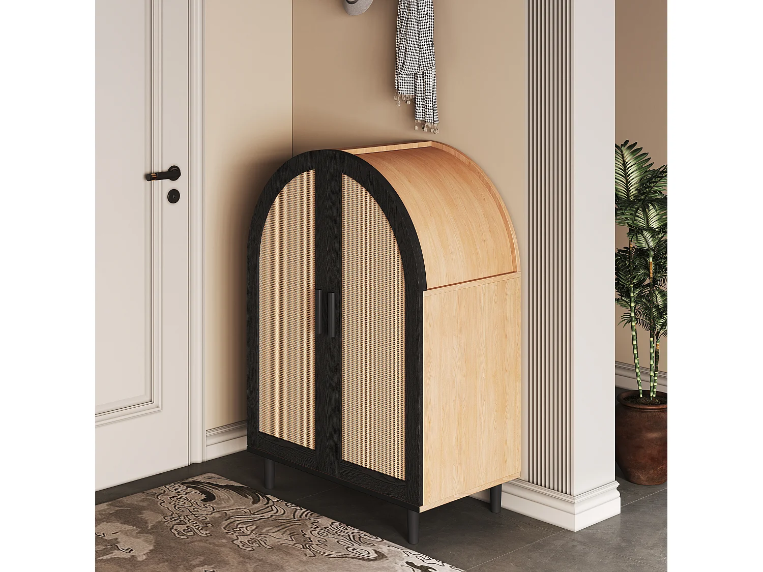 Mobile per scarpe 70×40×100 cm - linea curva - 2 ante in rattan - 3 ripiani - naturale + nero