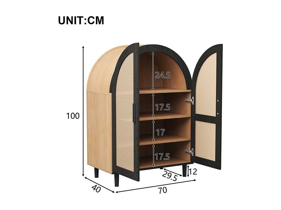 Mobile per scarpe 70×40×100 cm - linea curva - 2 ante in rattan - 3 ripiani - naturale + nero