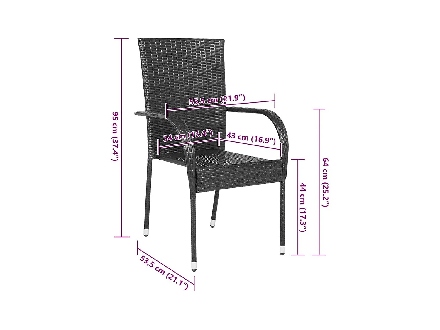 Stapelbare Gartenstühle 6er-Set aus schwarzem Korbgeflecht