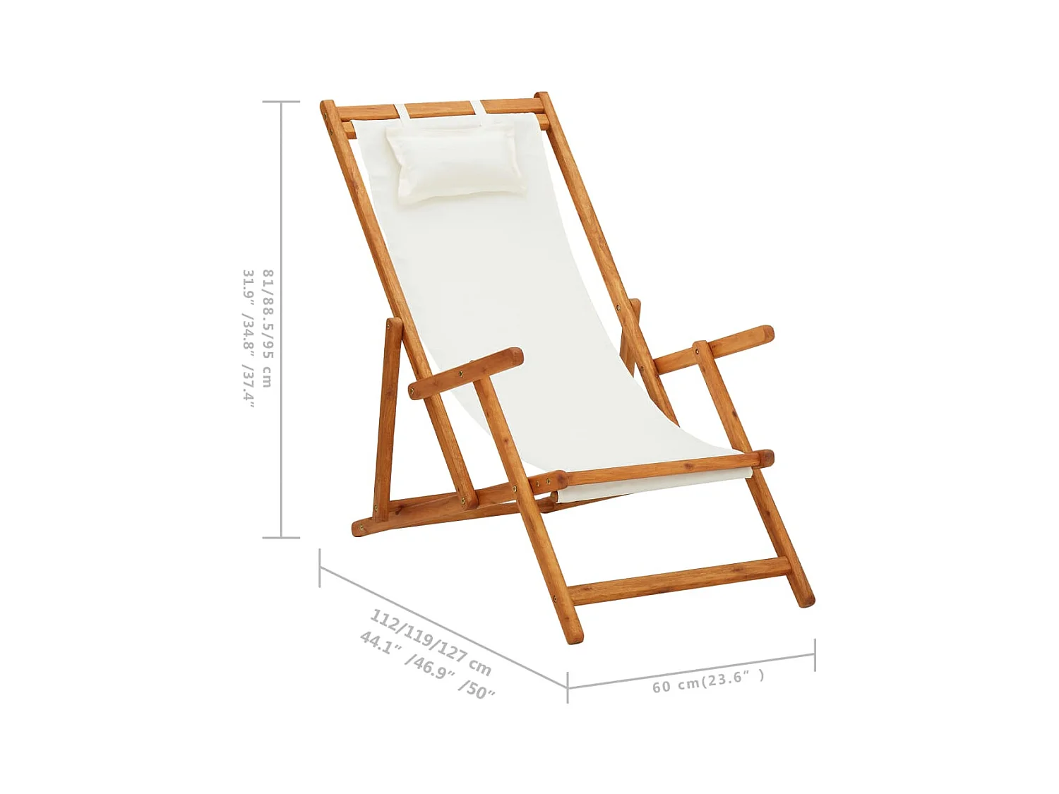 Chaise pliable de plage Bois d'eucalyptus solide et tissu Crème