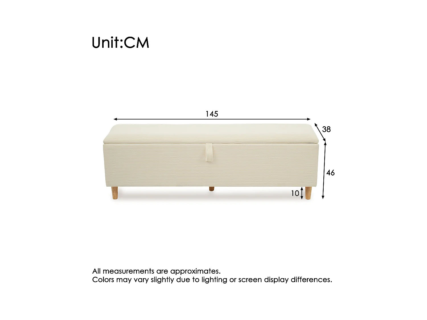 Banc coffre rembourré 145x38x46cm - velours côtelé - Beige