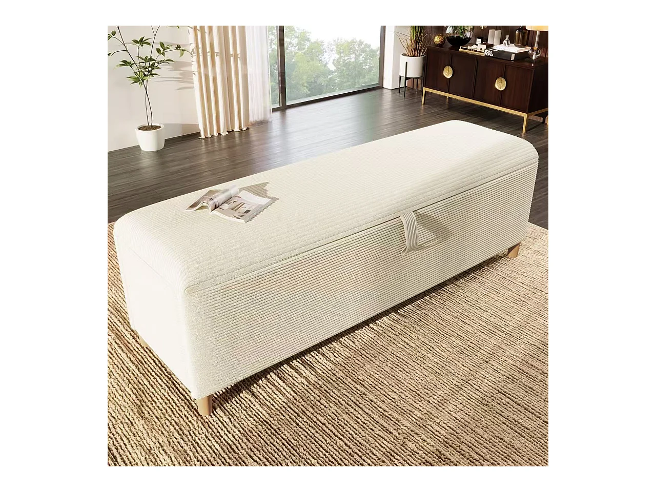 Banc coffre rembourré 145x38x46cm - velours côtelé - Beige