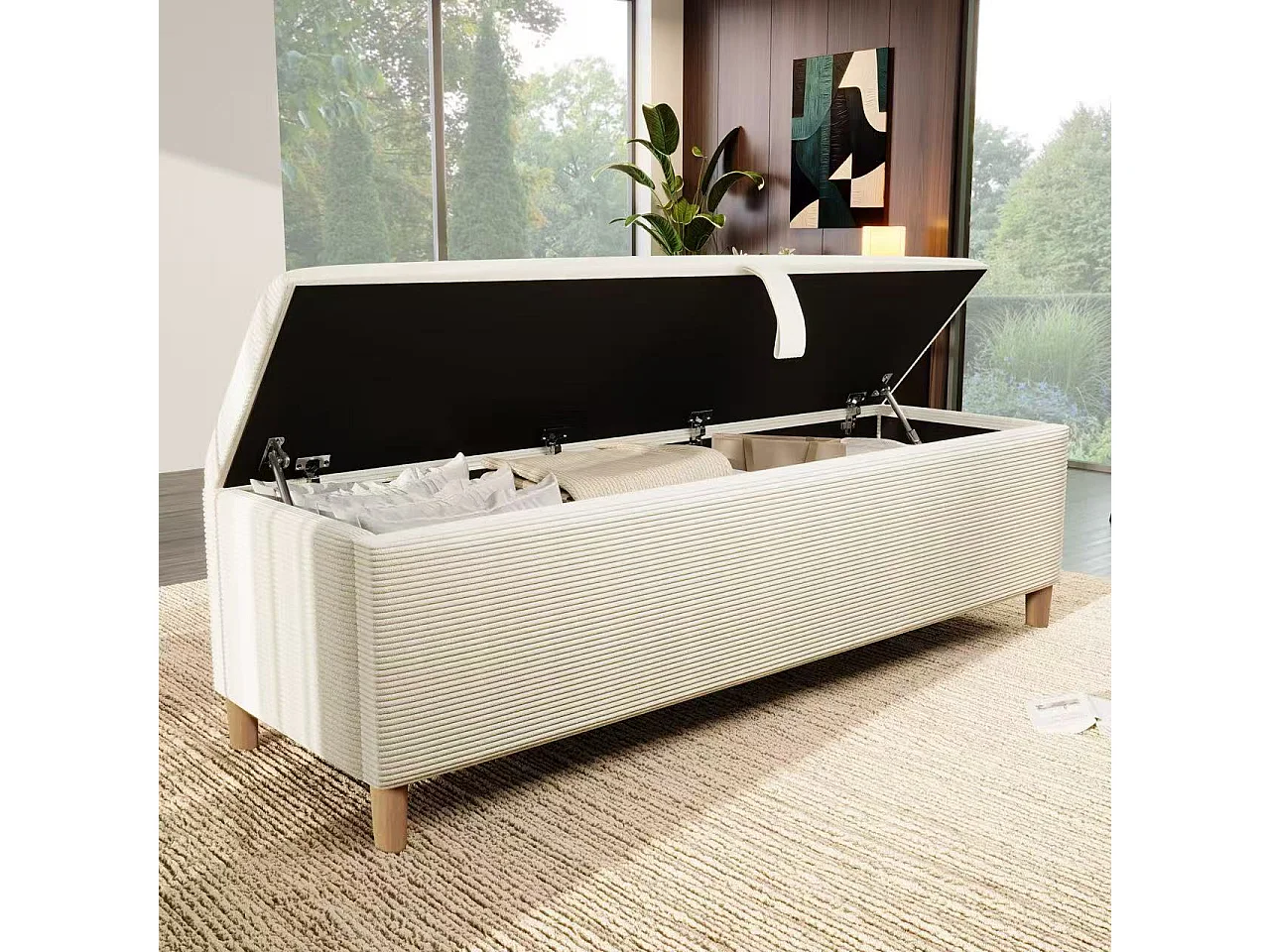 Gestoffeerde opbergbank 145x38x46cm - Corduroy - Beige